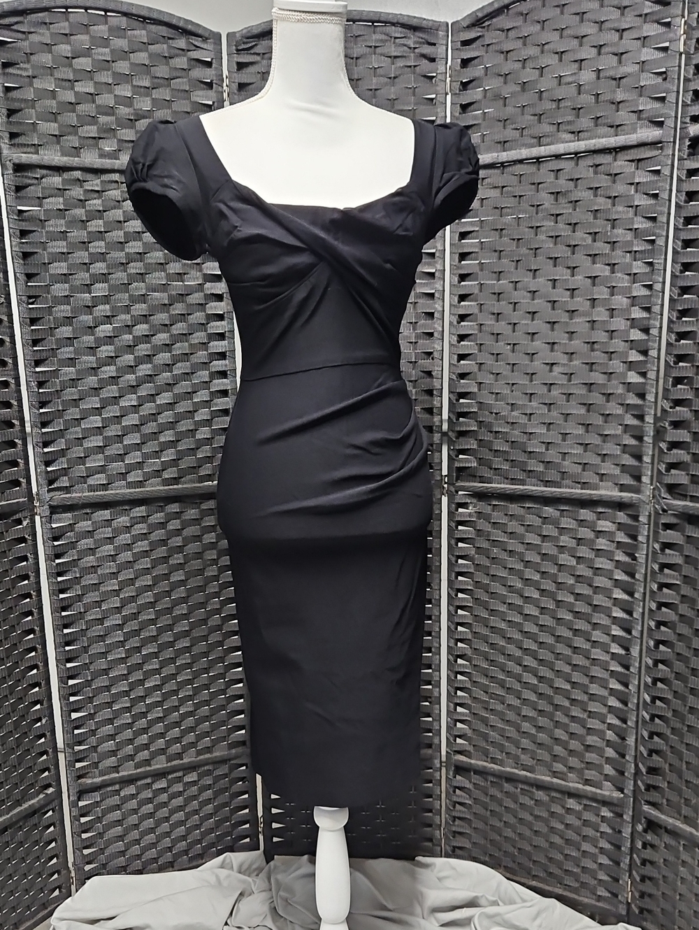 Size Small or about a 6 black stretch taffeta ruched midi wiggle dress by Stop S